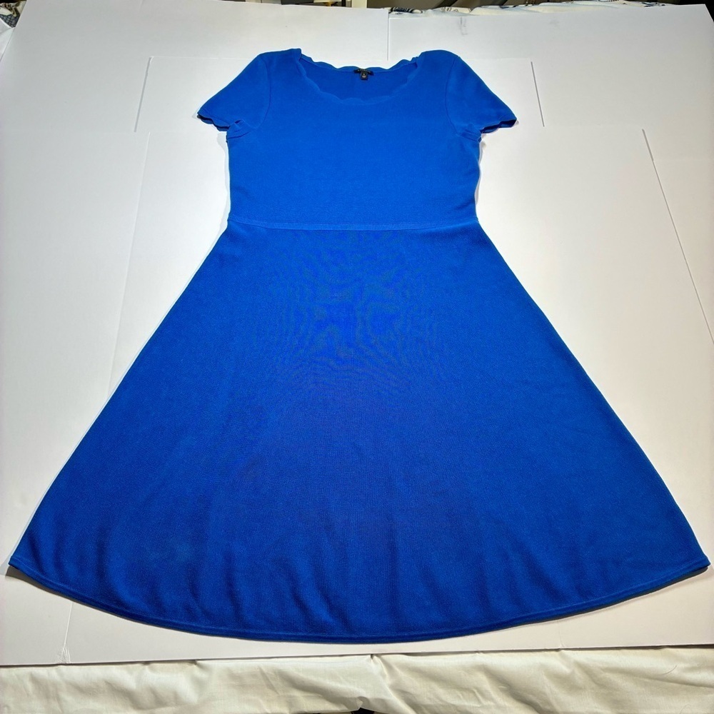 Talbots Fit & Flare Dress Short Sleeve Round Neck Scalloped Edge Blue Large